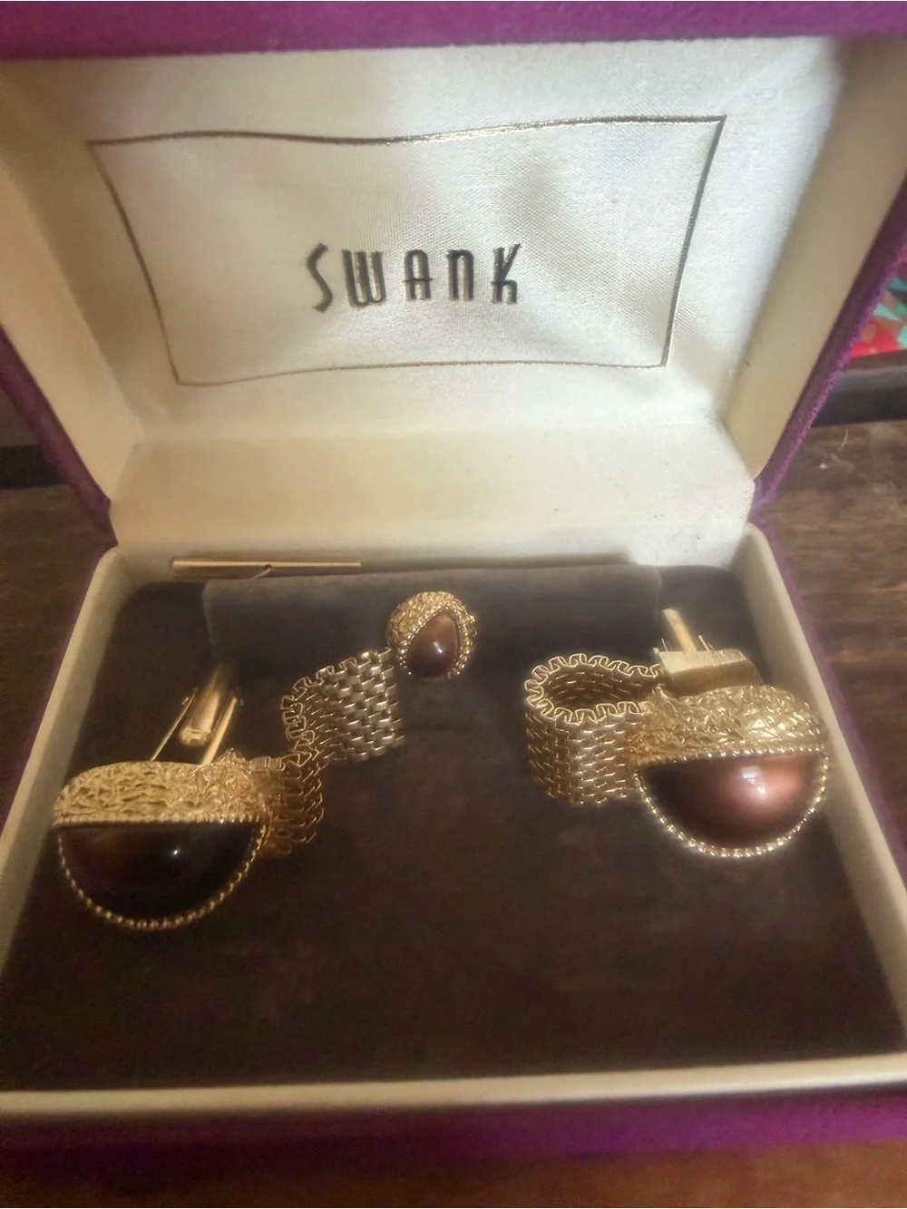 SWANK Gold Tone Cufflinks, Tie Clip & Chain with Brown Cabochons